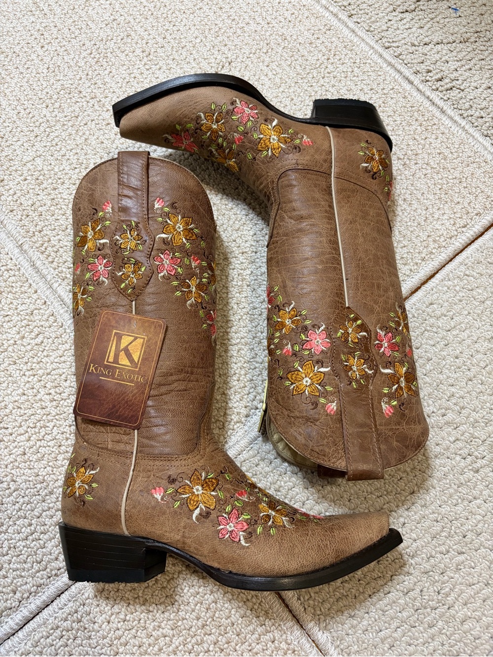 King Exotic Leather Floral Cowboy Cowgirl Boots Women 8.5 Festival Western Boho